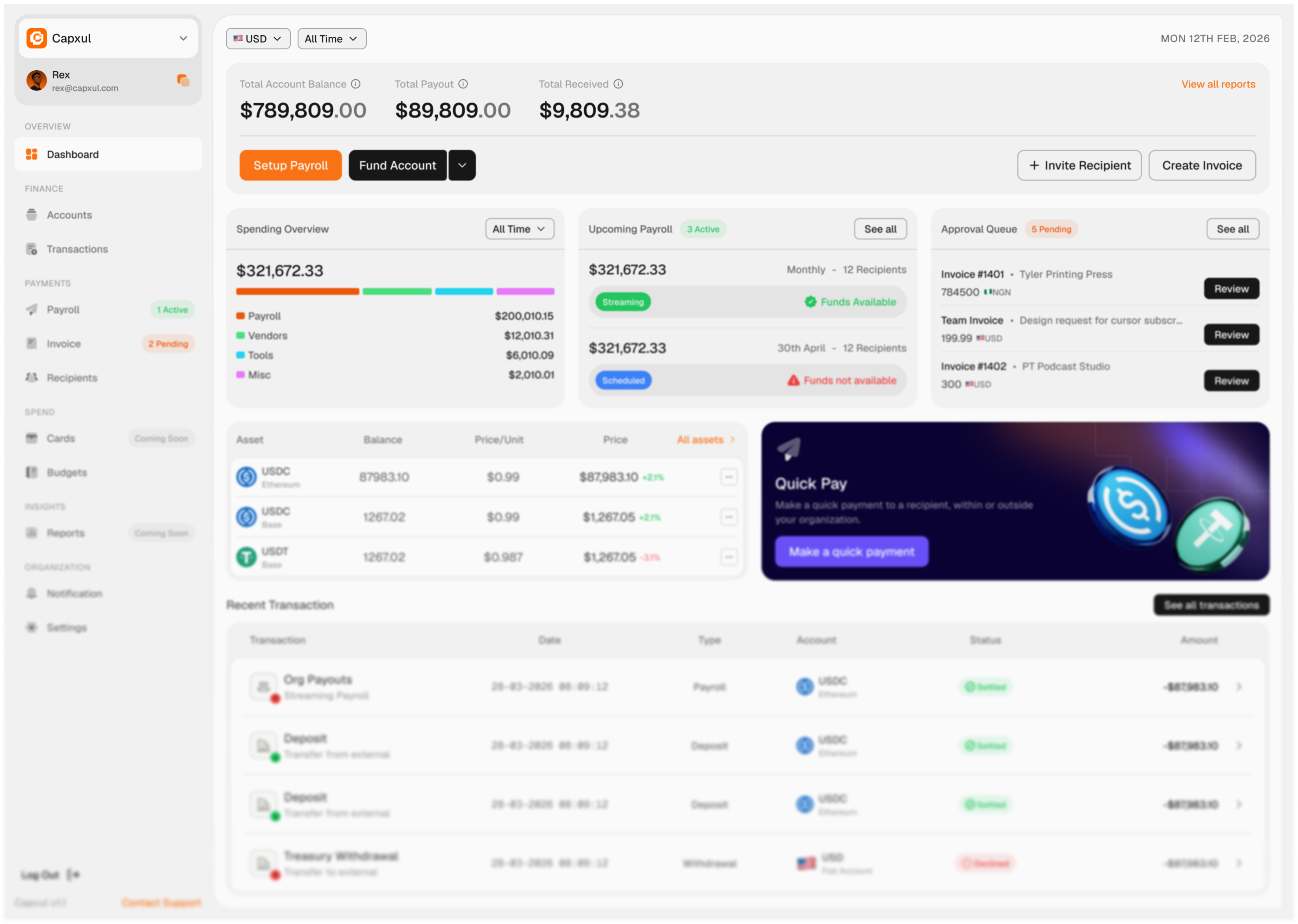 Capxul dashboard showing account balances, payroll, approvals, and business spend controls
