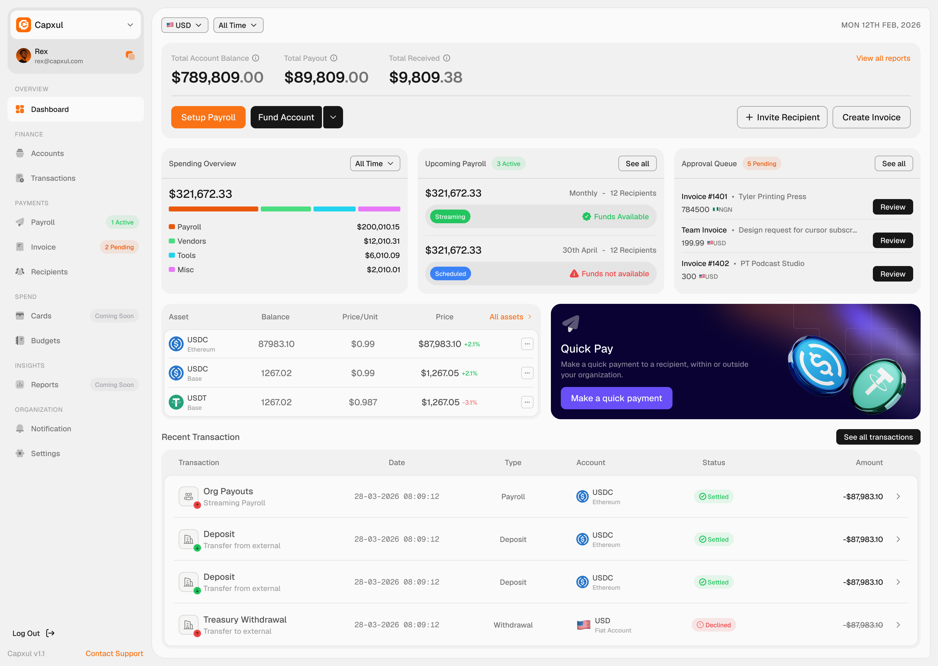 Capxul dashboard showing account balances, payroll, approvals, and business spend controls